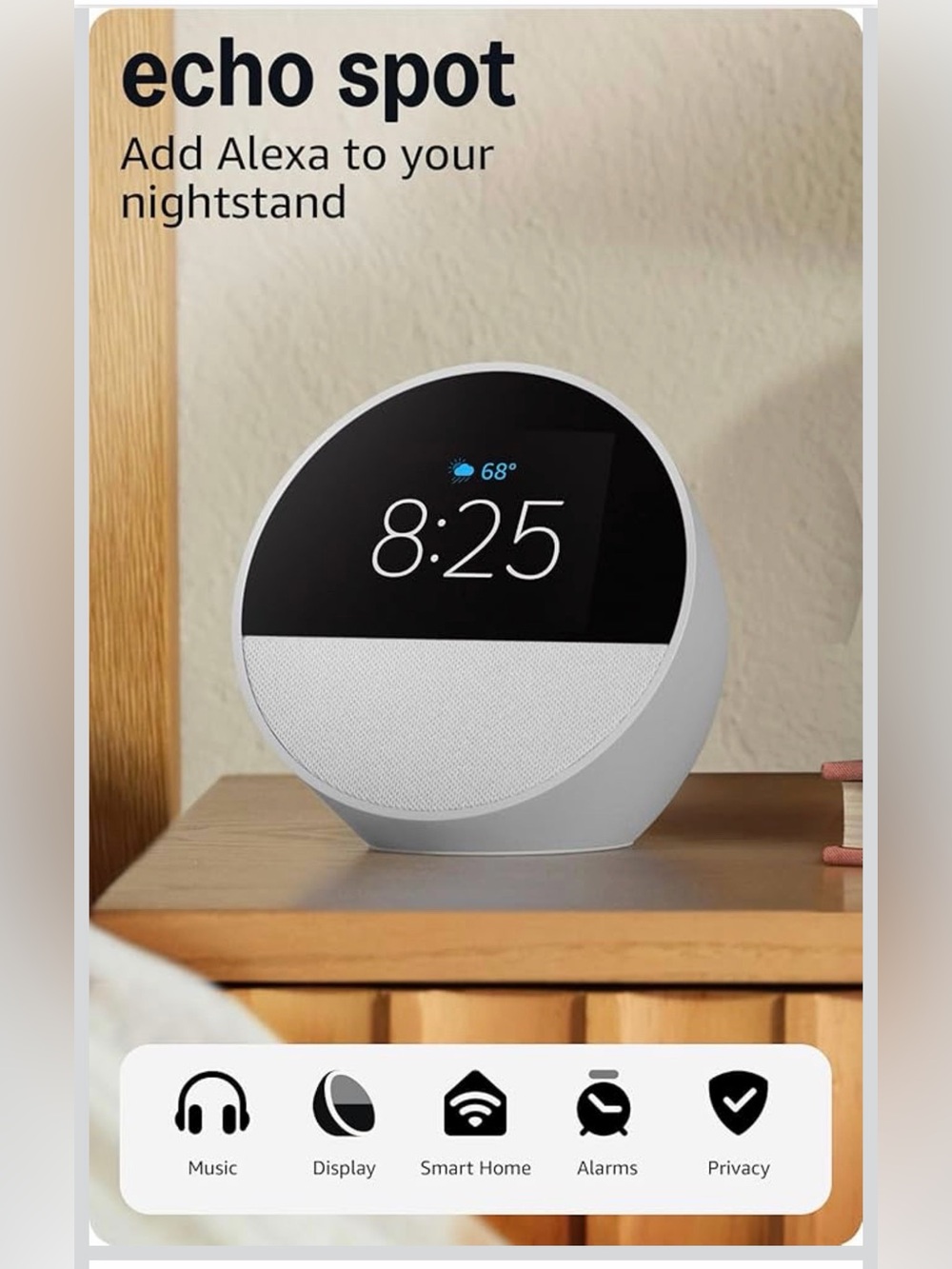 New! Amazon Echo Spot (newest model), Smart Speaker / Clock, Glacier White